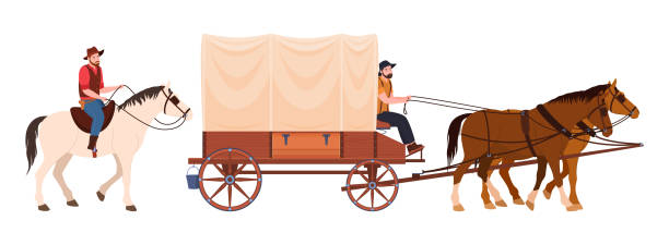 illustrazioni stock, clip art, cartoni animati e icone di tendenza di carro coperto con cavalli e cavalieri maschi illustrazione vettoriale piatta trasporto selvaggio west - riding old old fashioned motion