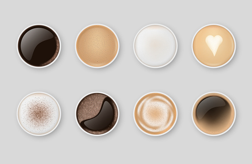Collection realistic porcelain cup and saucer full of coffee hot beverage top view vector illustration. Set ceramic mugs with americano, espresso, cappuccino, latte, foam art, cinnamon sprinkle