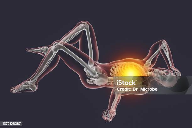 Male Body In A Bad Feeling Position Illustration Stock Photo - Download Image Now - Weakness, Bone, Digitally Generated Image