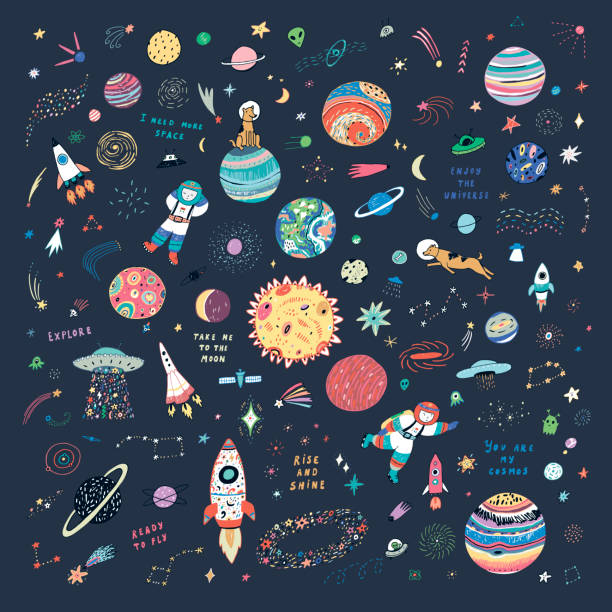 Space planets funny doodle universe objects vector illustrations set Space planets funny doodle universe with dogs objects vector illustrations set astronaut drawings stock illustrations