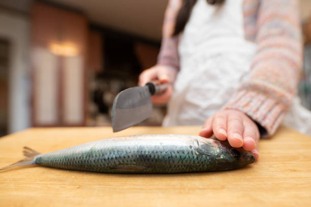 Girl cooking sardine