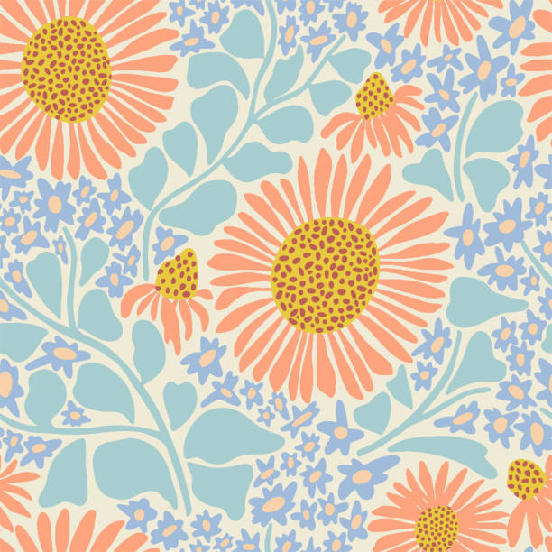 vektor handgezeichnete retro sonnenblume illustration nahtlose wiederholung muster mode, haus- und küchendruck stoffdesign digitales kunstwerk - seamless pattern leaf cute stock-grafiken, -clipart, -cartoons und -symbole