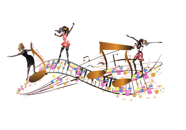 illustrations, cliparts, dessins animés et icônes de design musical abstrait avec des danseurs, des éclaboussures colorées et des vagues musicales, des notes. - music musical note treble clef dancing