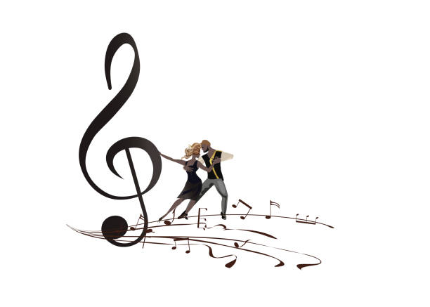 illustrations, cliparts, dessins animés et icônes de conception musicale abstraite avec des danseurs, une clef aiguë et des ondes musicales, des notes de piano. - music musical note treble clef dancing