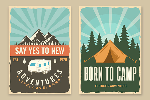 Set of camping retro posters. Vector illustration. Concept for shirt or logo, print, stamp or tee. Vintage typography design with camping tent, forest and mountain silhouette.