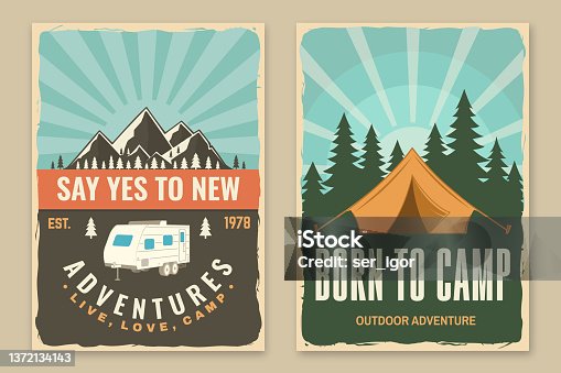 istock Set of camping retro posters. Vector illustration. Concept for shirt or logo, print, stamp or tee. Vintage typography design with camping tent, forest and mountain silhouette 1372134143