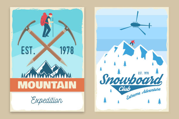 Set of mountain expedition and snowboard club retro posters. Vector. Vintage typography design with mountaineers, snowboarder and mountain silhouette. Outdoors adventure flyer, banner. vector art illustration
