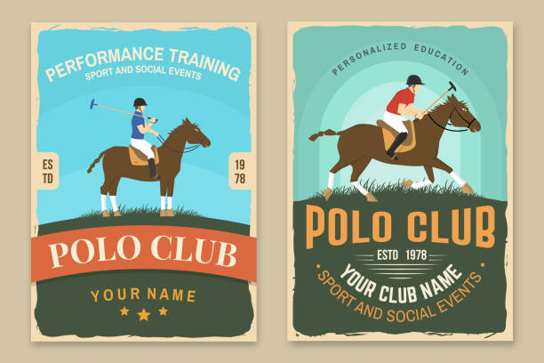 illustrazioni stock, clip art, cartoni animati e icone di tendenza di set di poster retrò del polo sport club. illustrazione vettoriale. etichetta equestre vintage, adesivo con sagome di cavalieri e cavalli - steeplechasing