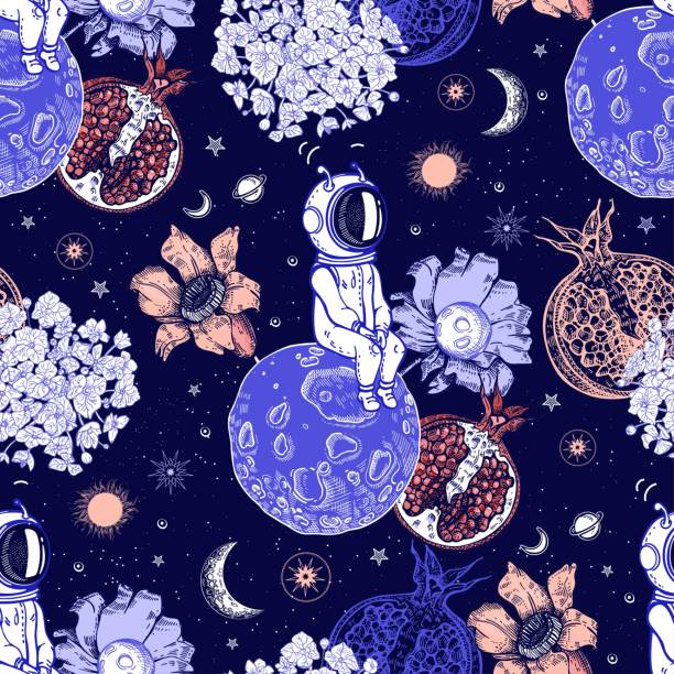 An astronaut is sitting on a small planet. Planets, sun and flowers. Seamless pattern. An astronaut is sitting on a small planet. Planets, sun and flowers. Seamless pattern. Space illustration. Surrealism. astronaut patterns stock illustrations