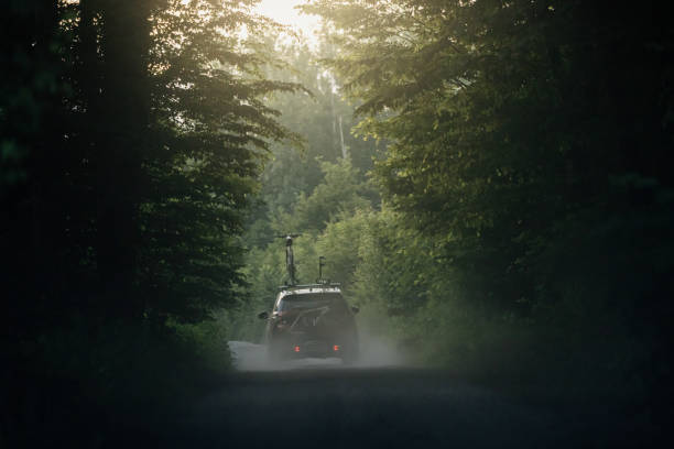 Off-road car with mountain bikes on a rack driving on a country road through the forest.