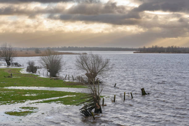 Overflowing meadow in the IJsseldelta during a winter storm near the Inflatable rubber dam balgstuw at Ramspol in the Ketlemeer and the Zwarte Meer between Flevoland and Overijssel in The Netherlands.