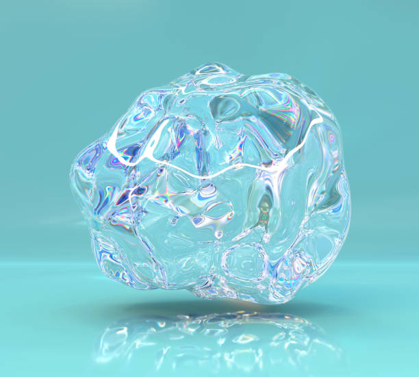 istock Abstract round glass composition crumpled shape with dispersion and iridescent effect. Crystal ball or sphere, clear fluid design element with holographic gradient on turquoise background, 3d render 1372135772