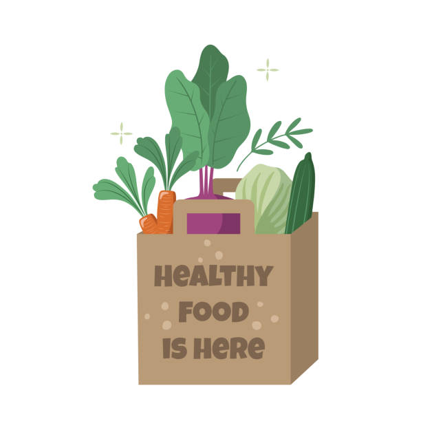 ilustrações de stock, clip art, desenhos animados e ícones de paper bag with veggies - heathy food
