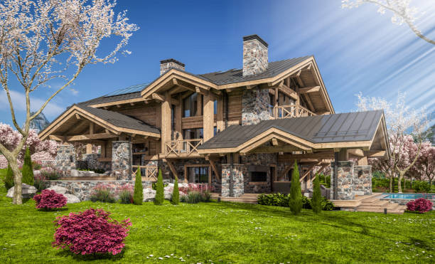 istock 3d rendering of modern cozy chalet in spring day 1372138611
