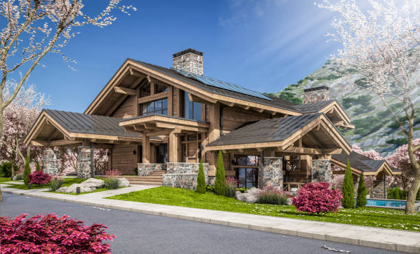 istock 3d rendering of modern cozy chalet in spring day 1372138615