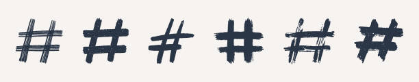 hashtags, mit vektortinte gemalte tag-symbole auf weißem hintergrund. handgezeichnete vektorillustration - hashtag stock-grafiken, -clipart, -cartoons und -symbole