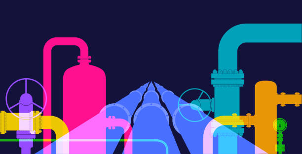 Gas Pipeline Colourful overlapping silhouettes of Oil or Gas Pipeline. Gas, Natural Gas, Gas industry, Pipeline, Oil refinery, oil field, gauge pressure gauge pipe valve stock illustrations