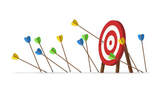 Many arrows missed their target. Several unsuccessful inaccurate attempts to hit the target of archery. Metaphor for failure in business. Fail concept, Vector illustration Many arrows missed their target. Several unsuccessful inaccurate attempts to hit the target of archery. Metaphor for failure in business. Fail concept, Vector illustration. archery bow stock illustrations