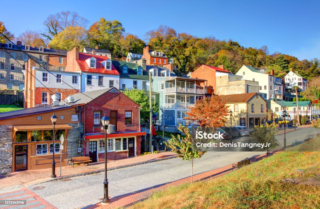 Autumn in Harpers Ferry, West Virginia Harpers Ferry is a historic town in Jefferson County, West Virginia, United States, in the lower Shenandoah Valley. Appalachian Mountains Stock Photo