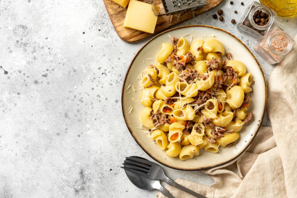 istock Pasta Pipe Rigate with stew In Bianco in a plate on a gray culinary background. Traditional Italian pasta with ground beef on the kitchen table. Top view 1372144191