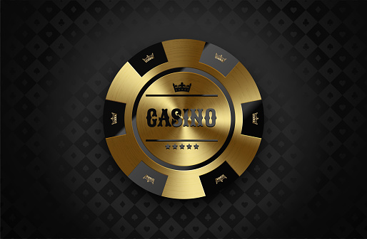 VIP poker chip radial polished golden metal and glossy black. Black jack poker club casino crown emblem on dark card suits background. Vector brushed gold luxury design.