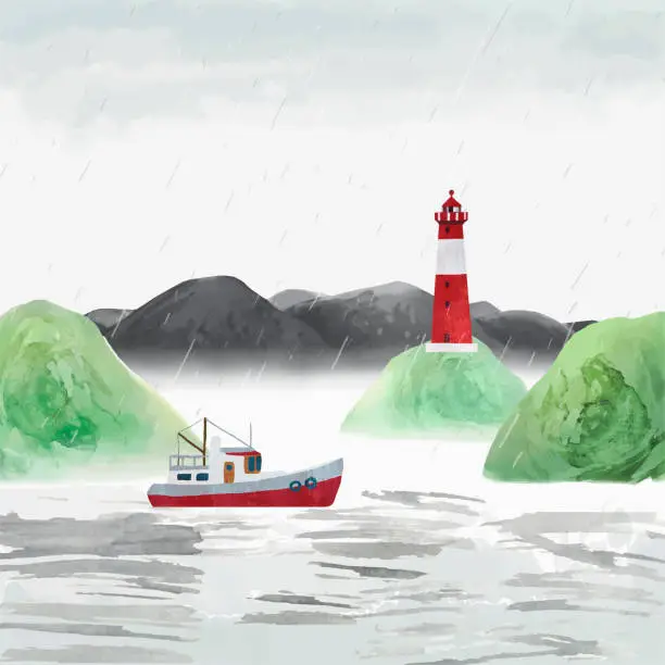 Vector illustration of Rainy vector landscape with lighthouse, mountains and ship. Romantic watercolor Illustration for poster, postcard, banner, print