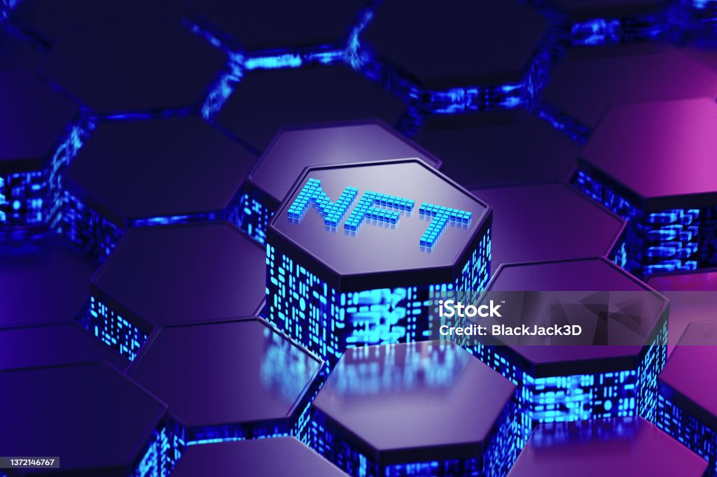 NFT. Hexagons Pixelated Concept NFT concept. 3D render Non-Fungible Token Stock Photo