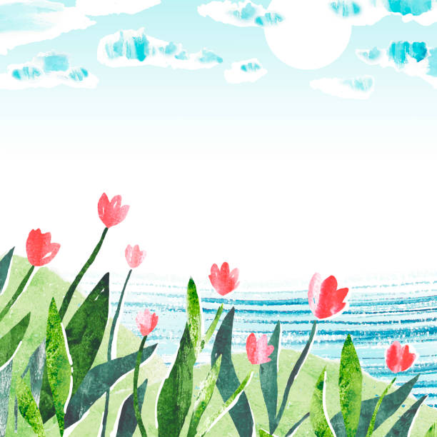 ilustrações de stock, clip art, desenhos animados e ícones de watercolor vector template with tulips and river. spring cute hand drawn vector illustration. nature template - tulip field flower cloud