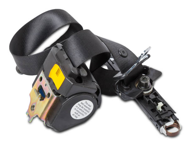 istock Spare part and interior element black seat belt from a car on a white isolated background. Auto service industry. 1372147721
