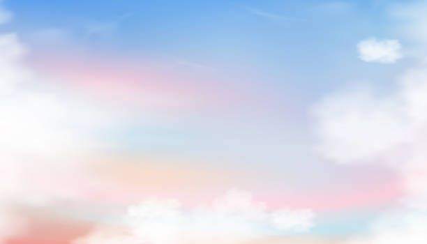 ilustrações, clipart, desenhos animados e ícones de tom pastel do céu com nuvem fofa em azul, rosa, roxo, laranja na manhã,fantasy magic colorido céu do pôr do sol na primavera ou verão, vetor ilustração doce de algodão fundo para banner de feriado - cloud horizon spring summer