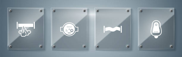 Set Toilet urinal or pissoir, Industry metallic pipe, Water meter and Broken. Square glass panels. Vector Set Toilet urinal or pissoir, Industry metallic pipe, Water meter and Broken. Square glass panels. Vector. flushing valve public restroom toilet stock illustrations