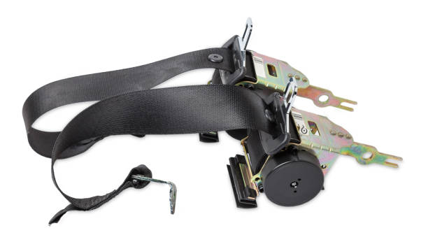 istock Spare part and interior element black seat belt from a car on a white isolated background. Auto service industry. 1372150845