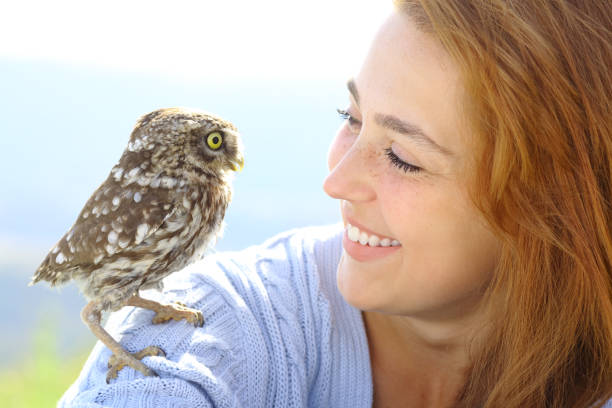 istock Beautiful woman with a owlet looking each other 1372152111