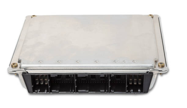 istock Plastic car engine control unit with metal elements on a white isolated background is the connecting center of various subsystems, units and assemblies. Monitoring the state of the moment. Spare part 1372152562