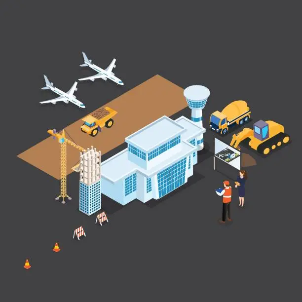 Vector illustration of Airport site construction isometric 3d vector