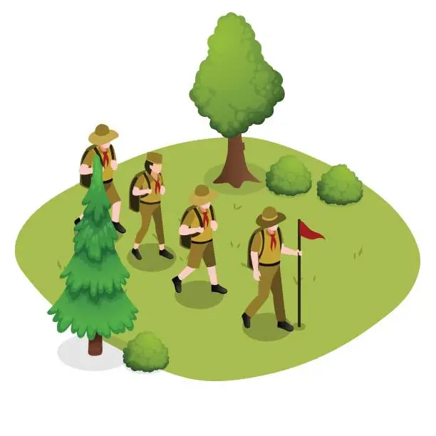 Vector illustration of Boyscout exploring nature isometric 3d
