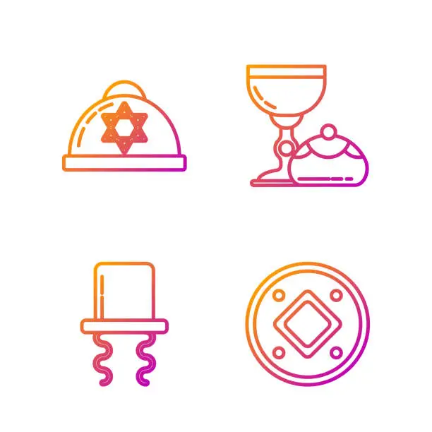 Vector illustration of Set line Jewish coin, Orthodox jewish hat with sidelocks, Jewish kippah with star of david and Jewish goblet and hanukkah sufganiyot. Gradient color icons. Vector