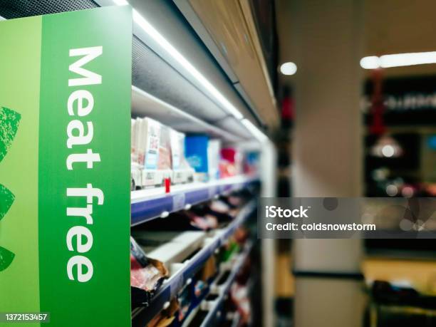 Meat Free Sign In The Supermarket Stock Photo - Download Image Now - Veganism, Meat, Food