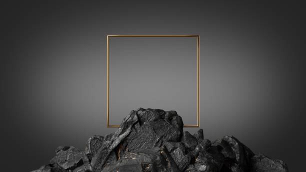 istock 3d render, abstract black geometric background with rocky ground and golden square frame, showcase scene with empty space for product presentation 1372153699