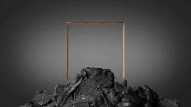 3d render, abstract black geometric background with rocky ground and golden square frame, showcase scene with empty space for product presentation stock photo
