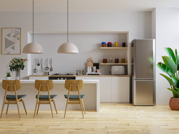 istock Interior of modern comfortable kitchen with wooden and white details. 1372153717