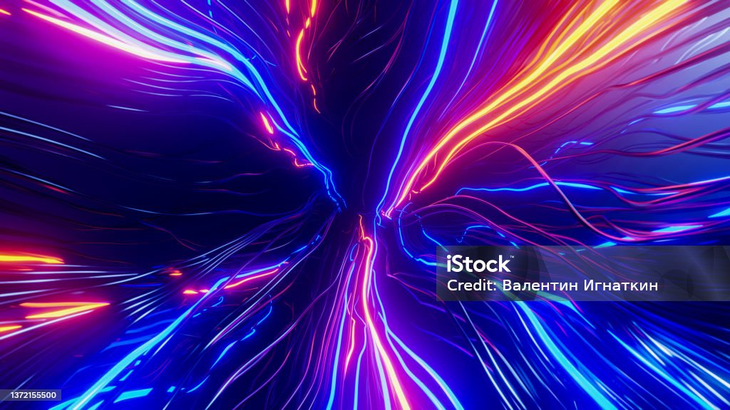 The intertwining wires flash in different colors. 3D rendering illustration. The intertwining wires flash in different colors, 3D rendering illustration. Futuristic Stock Photo