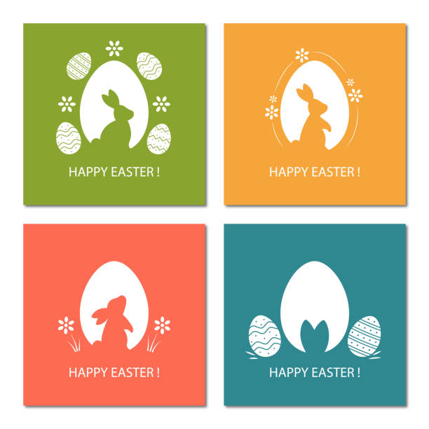 Happy Easter. A set of vector Easter illustrations. Easter eggs, rabbits, flowers. Perfect for a poster, cover, or postcard. Happy Easter. A set of vector Easter illustrations. Easter eggs, rabbits, flowers. Perfect for a poster, cover, or postcard. easter silhouettes stock illustrations
