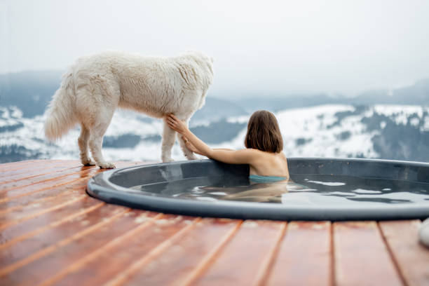 istock Woman rest with a dog at mountains 1372159725
