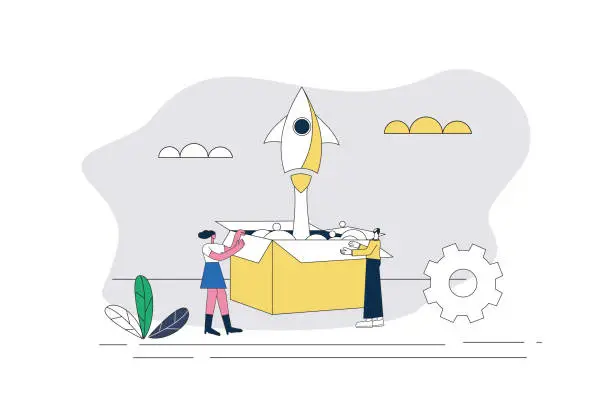 Vector illustration of Two white-collar workers opened the box and flew out of the rocket.