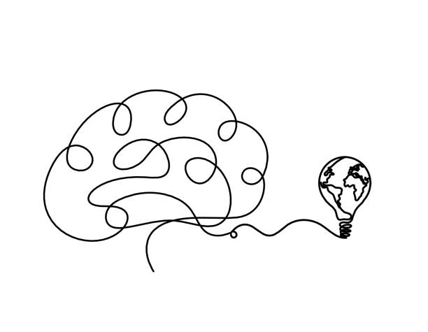 sylwetka człowieka mózg z żarówką kuli ziemskiej jako rysunek liniowy na białym tle - noggin stock illustrations