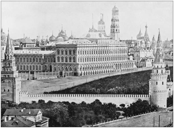 Antique photograph of World's famous sites: Moscow Antique photograph of World's famous sites: Moscow kremlin stock illustrations