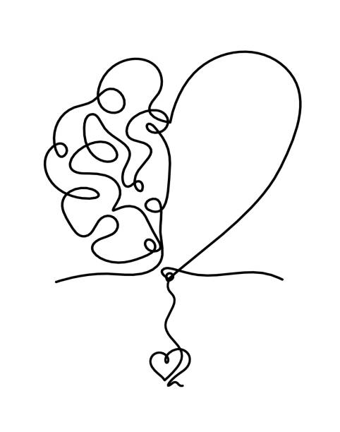 illustrazioni stock, clip art, cartoni animati e icone di tendenza di uomo silhouette cervello con cuore come linea disegno su sfondo bianco - noggin