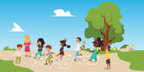 Children playing hopscotch outdoors in summer park, flat vector illustration. Children playing hopscotch outdoors, flat vector illustration. Happy cheerful boys and girls cartoon characters jumping on hopscotch squares in summer park. recess cartoon stock illustrations