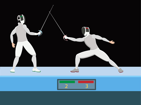 Fencers with a saber on competition or training, vector illustration. Sportsmens in in an attacking and defensive fencing stances.